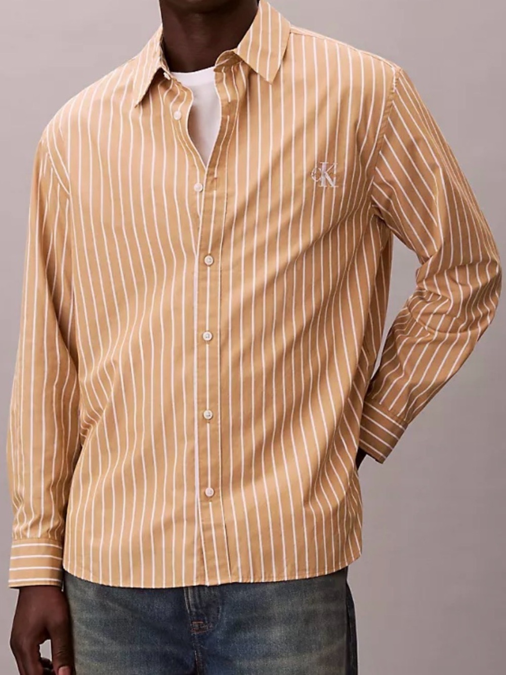 NWT Calvin Klein Men's Medium Washed Poplin Stripe Button-Down Shirt in Antelope